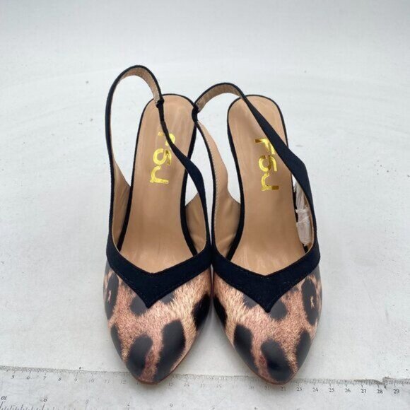 FSJ Black High Heel Pumps Closed Toe Leopard Print Faux Suede Slingback Shoes - Picture 2 of 7